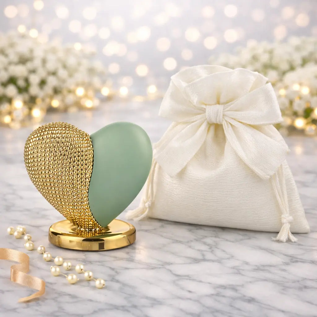 bomboniera cuore con base metà verde e metà oro in marmorino