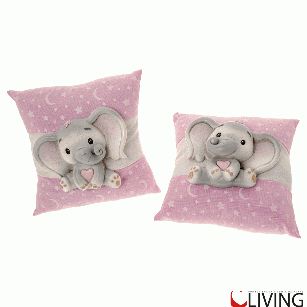 bomboniera cuscino con elefantino neve rosa