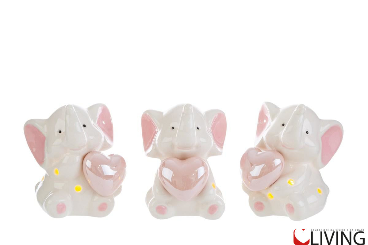 bomboniera elefantino porcellana rosa con luce led