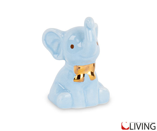 bomboniera elefante celeste in porcellana con fiocco oro