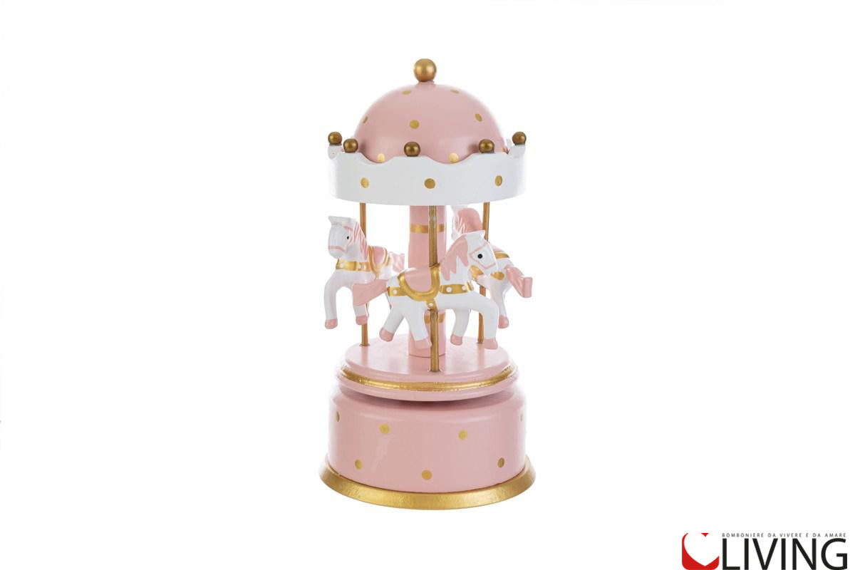 bomboniera giostra carillon in legno con cupola rosa
