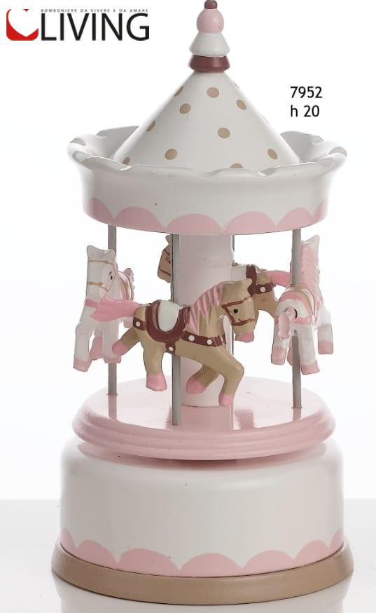 Bomboniera giostrina carillon legno con cavallini rosa
