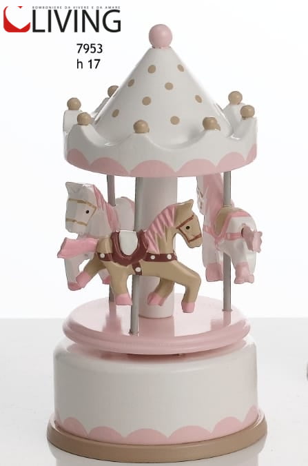 Bomboniera giostrina carillon in legno con cavallini rosa