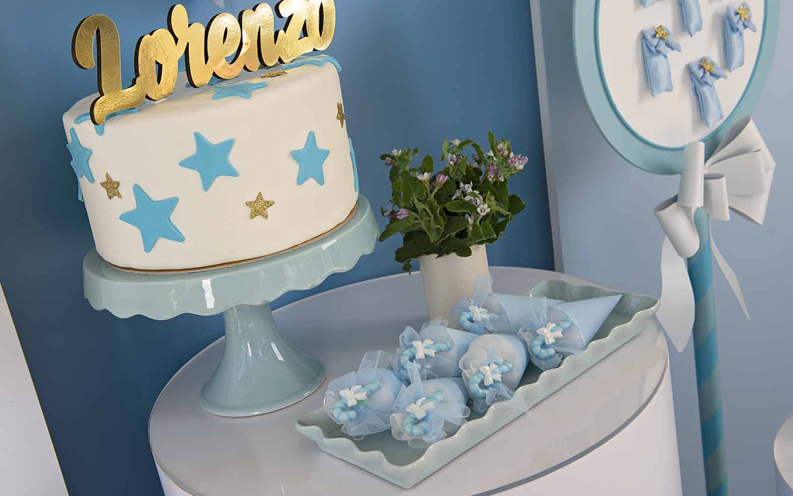 Addobbo tema Candy Stick alzata dolomite azzurra