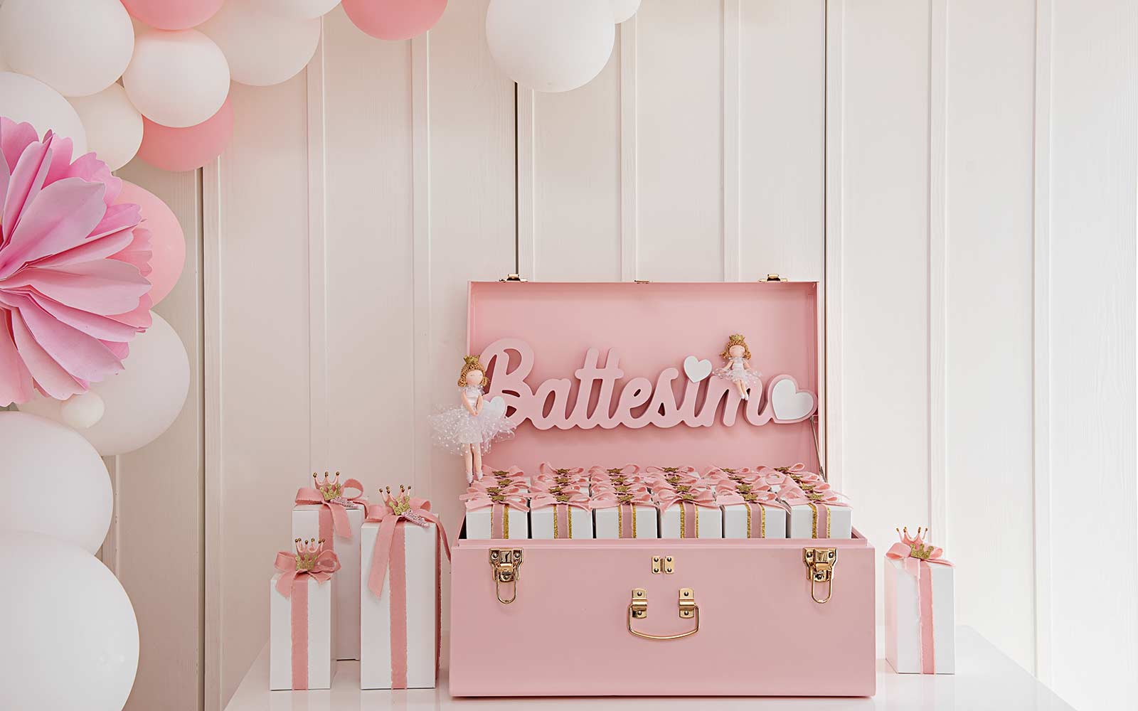 Bomboniera applicazione scritta battesimo rosa