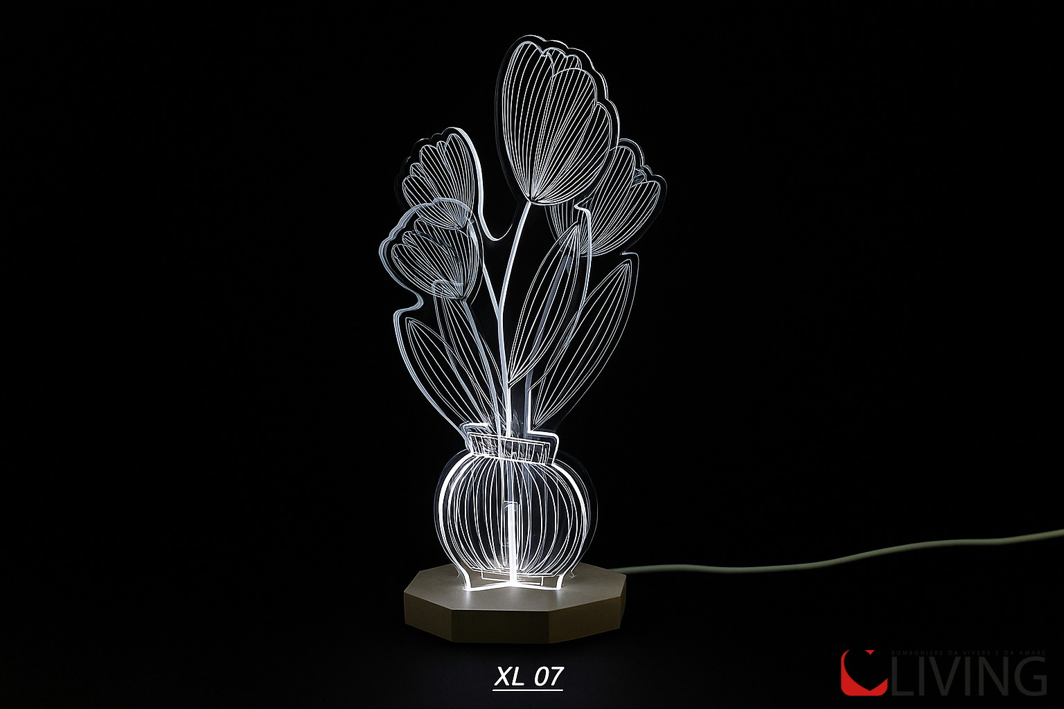 bomboniera lampada fiore medio acrilico base legno led