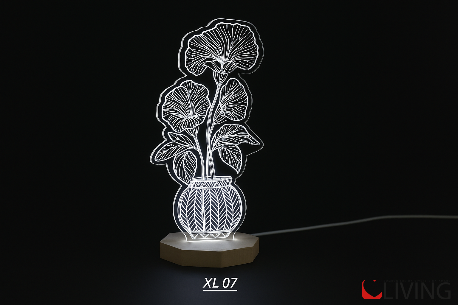 bomboniera lampada fiore medio acrilico base legno led