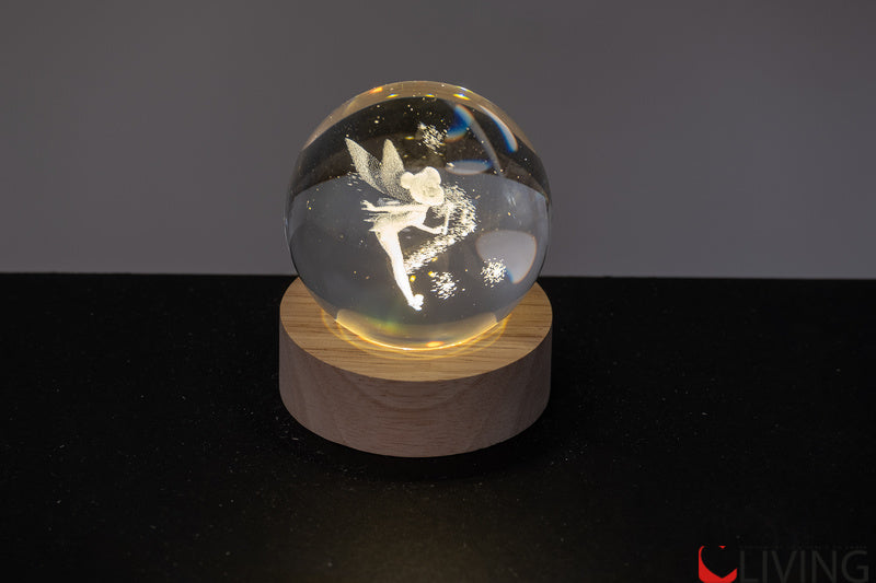 bomboniera palla in vetro con trilly inciso 3d e base in legno con luce led