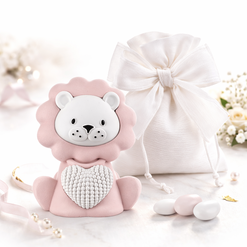 bomboniera leone in marmorino rosa con cuore bianco