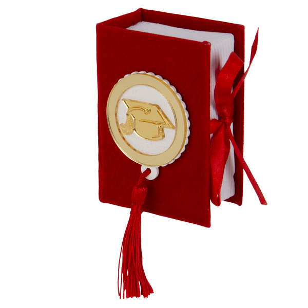 bomboniera libro laurea rosso con applicazione plex oro