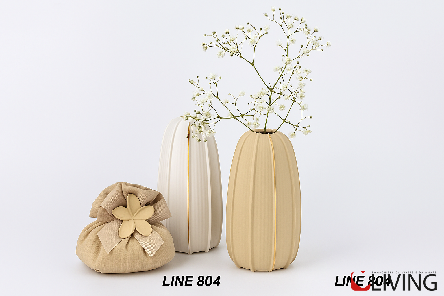 bomboniera vaso medio porcellana beige e bianco scanalature verticali