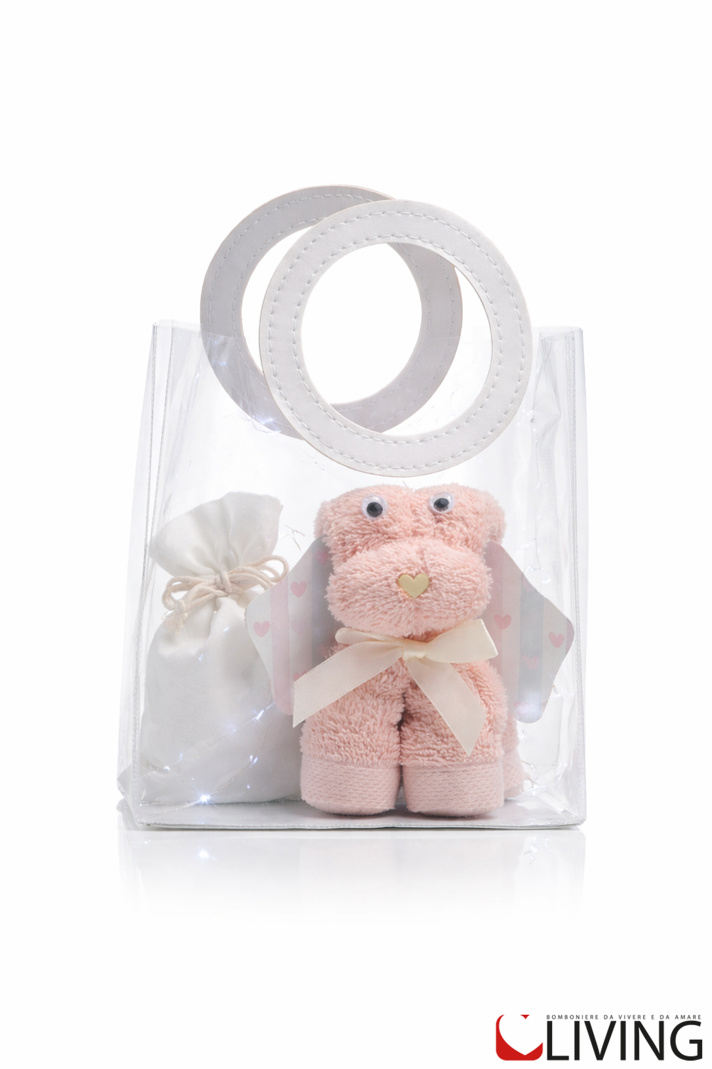 bomboniera cagnolino decorativo sapone cuore rosa con shopper linea cuccioli