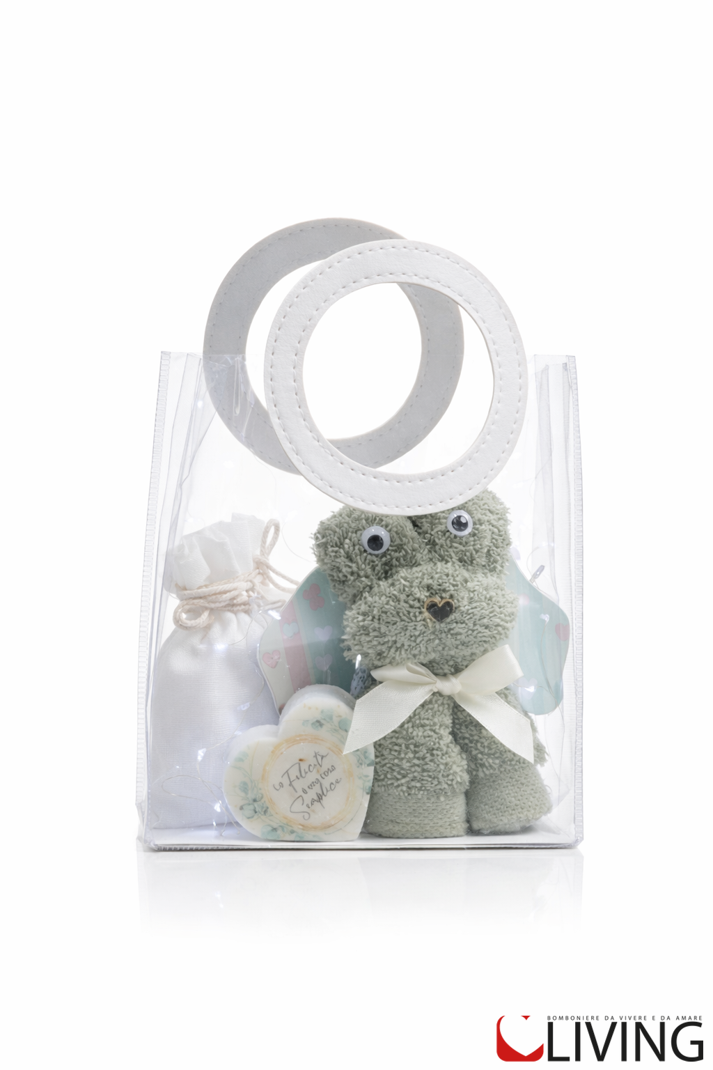 bomboniera cagnolino decorativo sapone cuore verde con shopper linea cuccioli