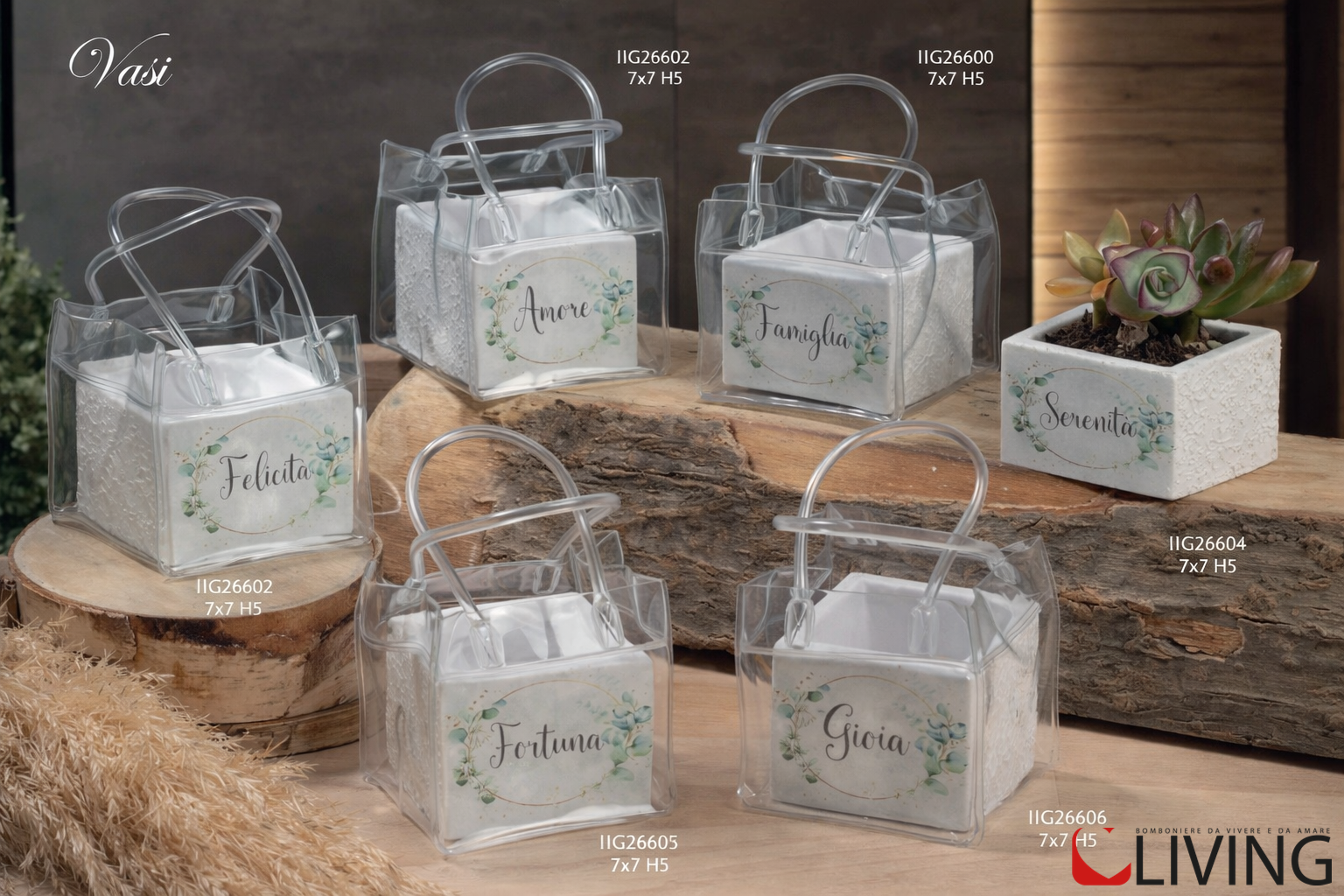 bomboniera cachepot in polvere di marmo famiglia con bag trasparente