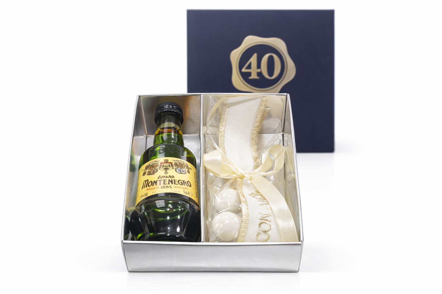 bomboniera bottiglie liquore mignon con scatola 40 anni e confetti