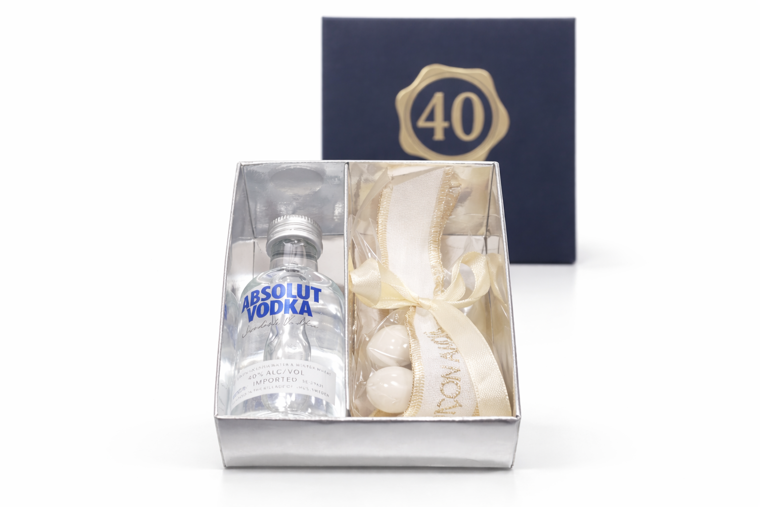 bomboniera bottiglie liquore mignon con scatola 40 anni e confetti