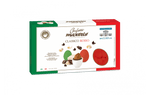 Mandorla tostata ricoperta da cioccolato fondente e bianco e da un sottile strato di zucchero.