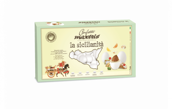 Mandorla tostata ricoperta da cioccolato bianco ai gusti assortiti (cannolo siciliano