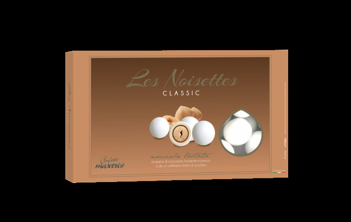 Nocciola tostata ricoperta da cioccolato fondente e bianco e da un sottile strato di zucchero.