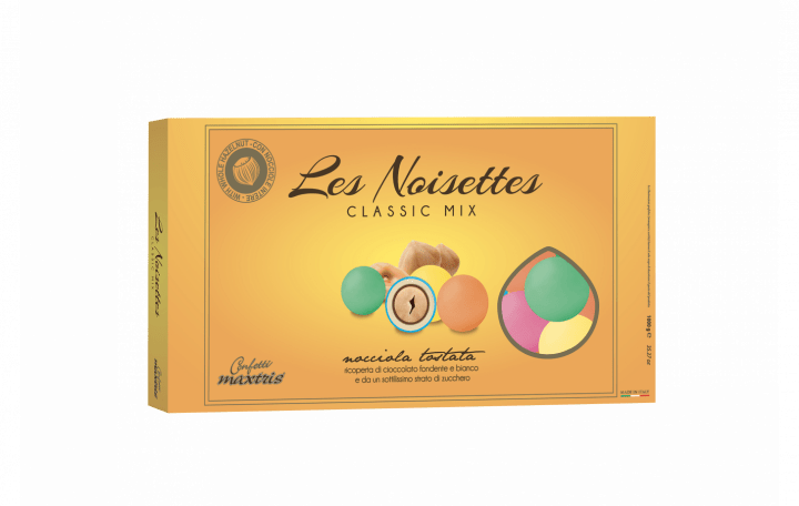 Nocciola tostata ricoperta da cioccolato fondente e bianco e da un sottile strato di zucchero.