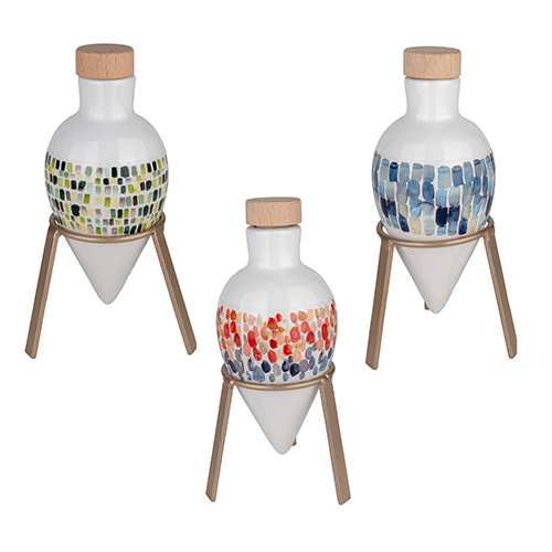 oliera in porcellana colorata con supporto in metallo