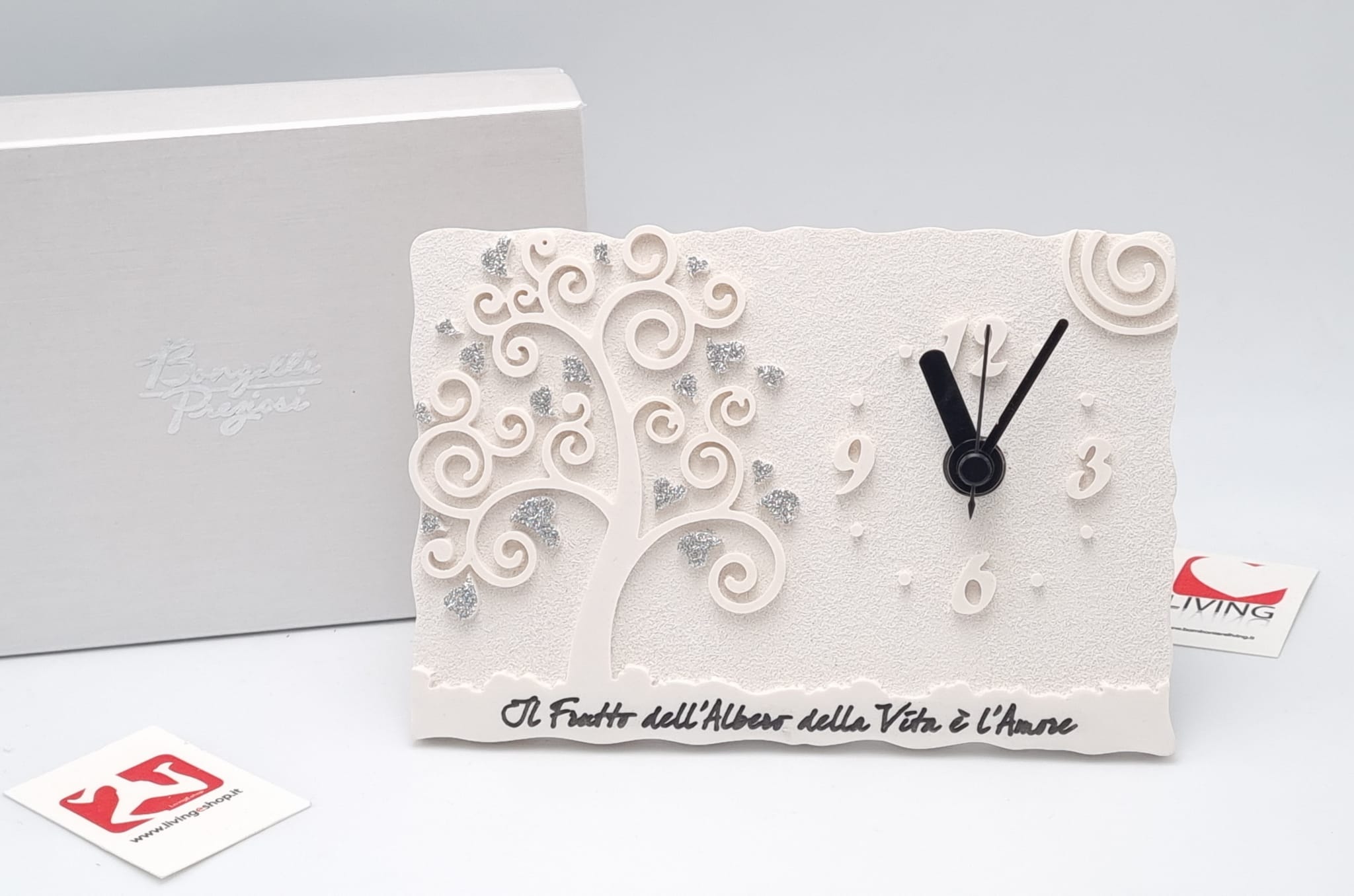 Orologio In Polvere Di Marmo Con Albero Della Vita Cuoricini Glitterati Argento