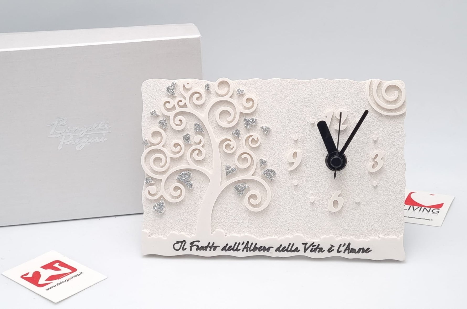 Orologio In Polvere Di Marmo Con Albero Della Vita Cuoricini Glitterati Argento