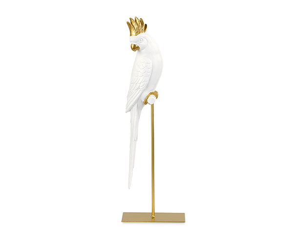 Addobbo tema Tropical chic pappagallo su trespolo bianco e oro