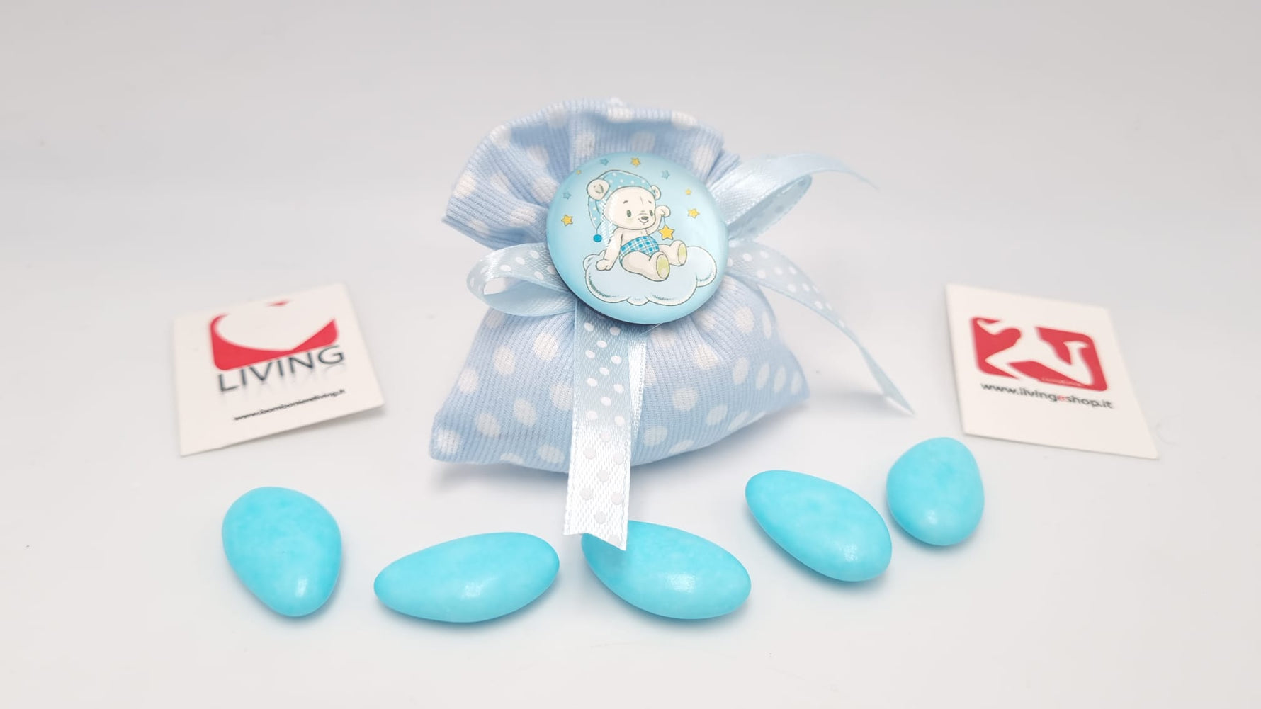 Sacchetto nascita e battesimo pois celeste