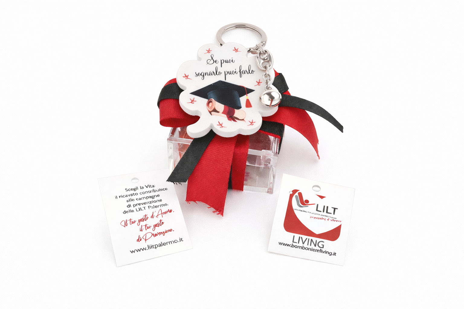 bomboniera linea solidale lilt living scatolina plex con portachiavi quadrifoglio laurea