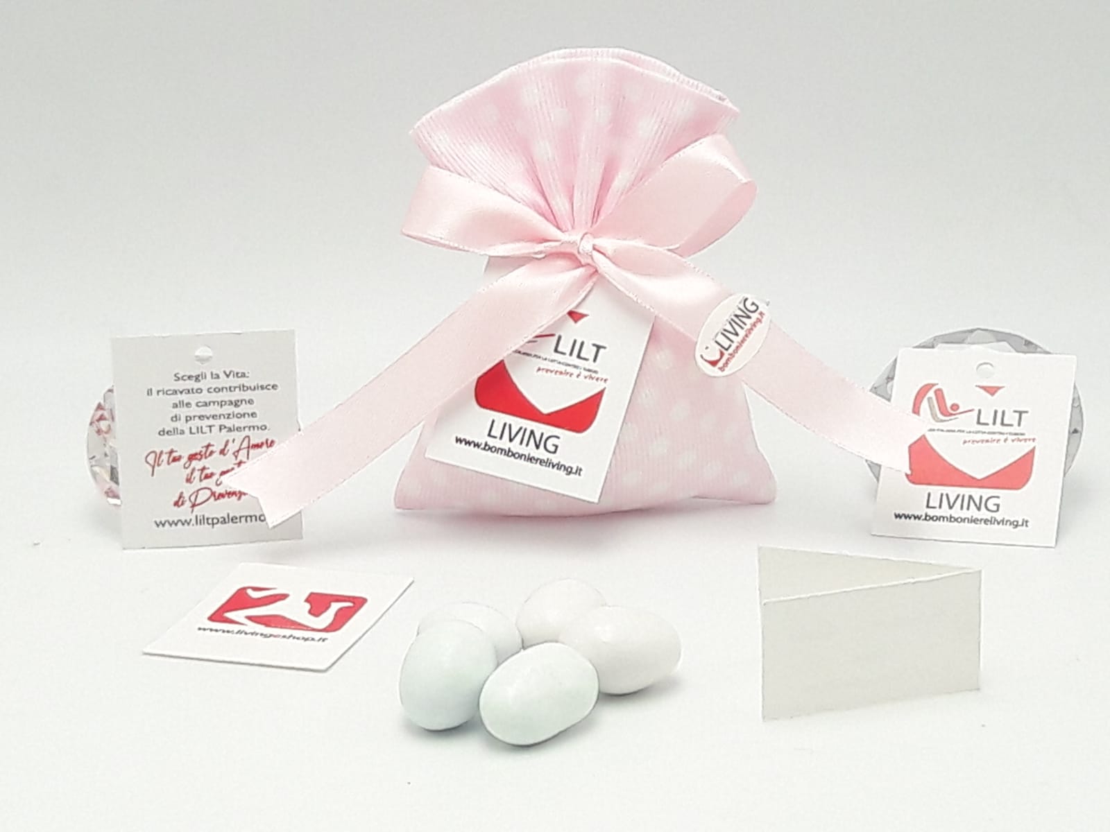 Bomboniera Solidale LILT-LIVING sacchetto porta confetti pois rosa