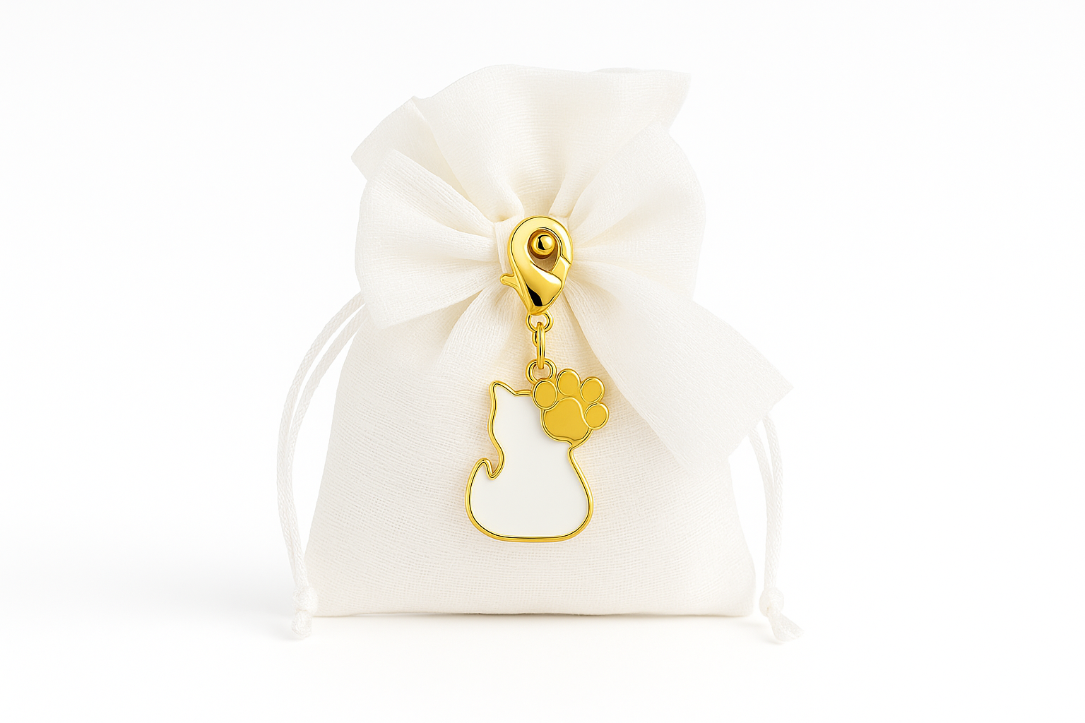 bomboniera ciondolo gattino bianco e oro con charm