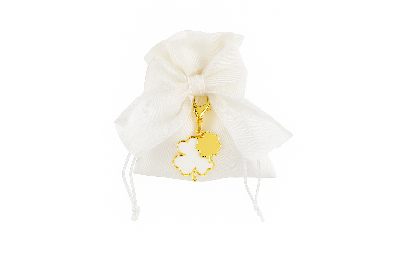 bomboniera ciondolo quadrifoglio bianco e oro con charm