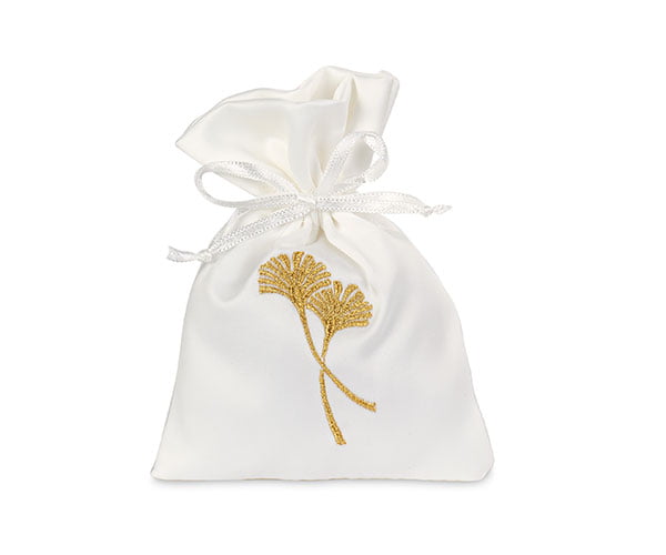 Sacchetto tema Tropical elegante chic in raso bianco con Gingko oro