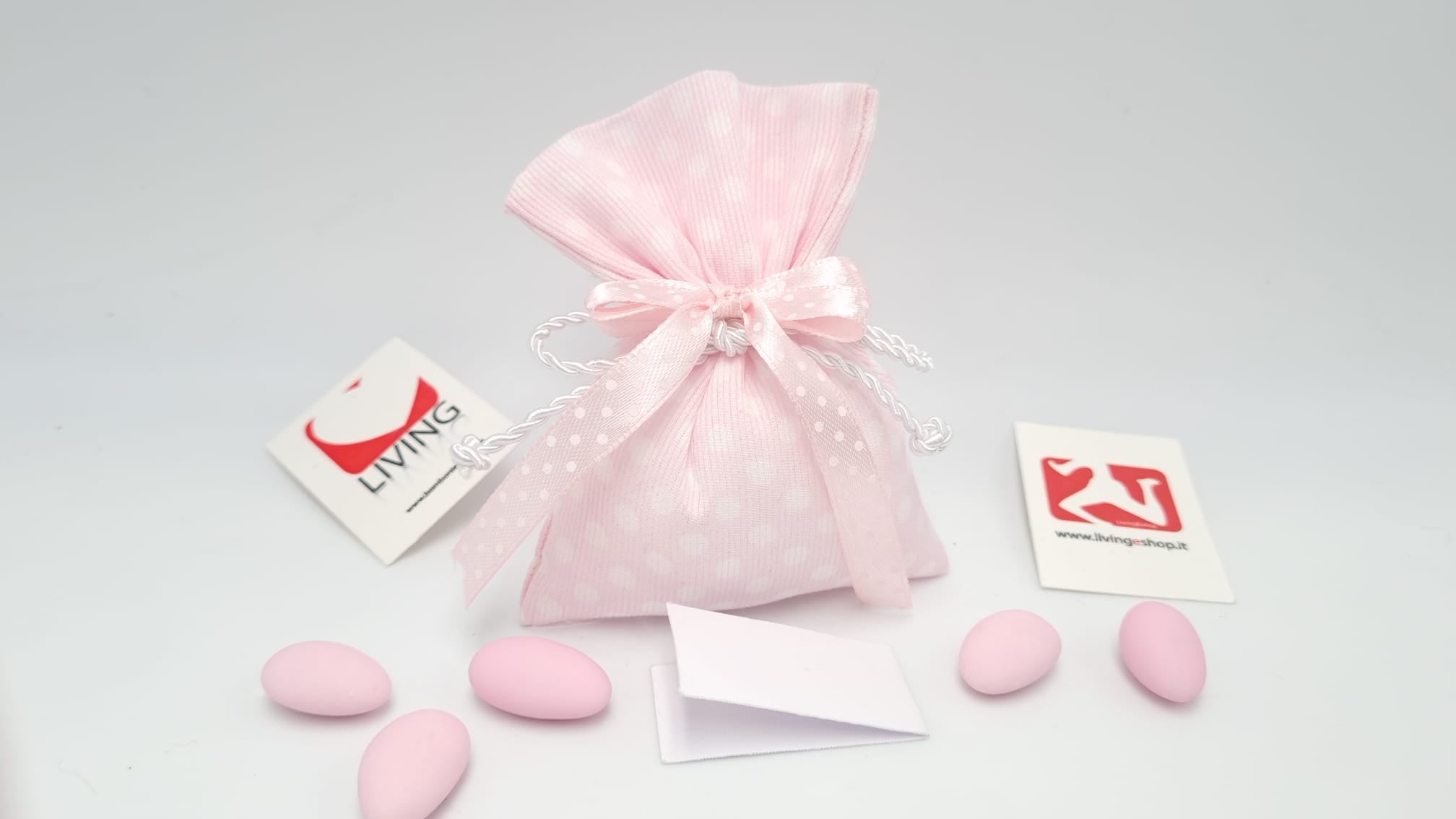 Sacchetto nascita e battesimo  pois bianco e rosa