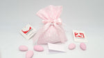 Sacchetto nascita e battesimo  pois bianco e rosa