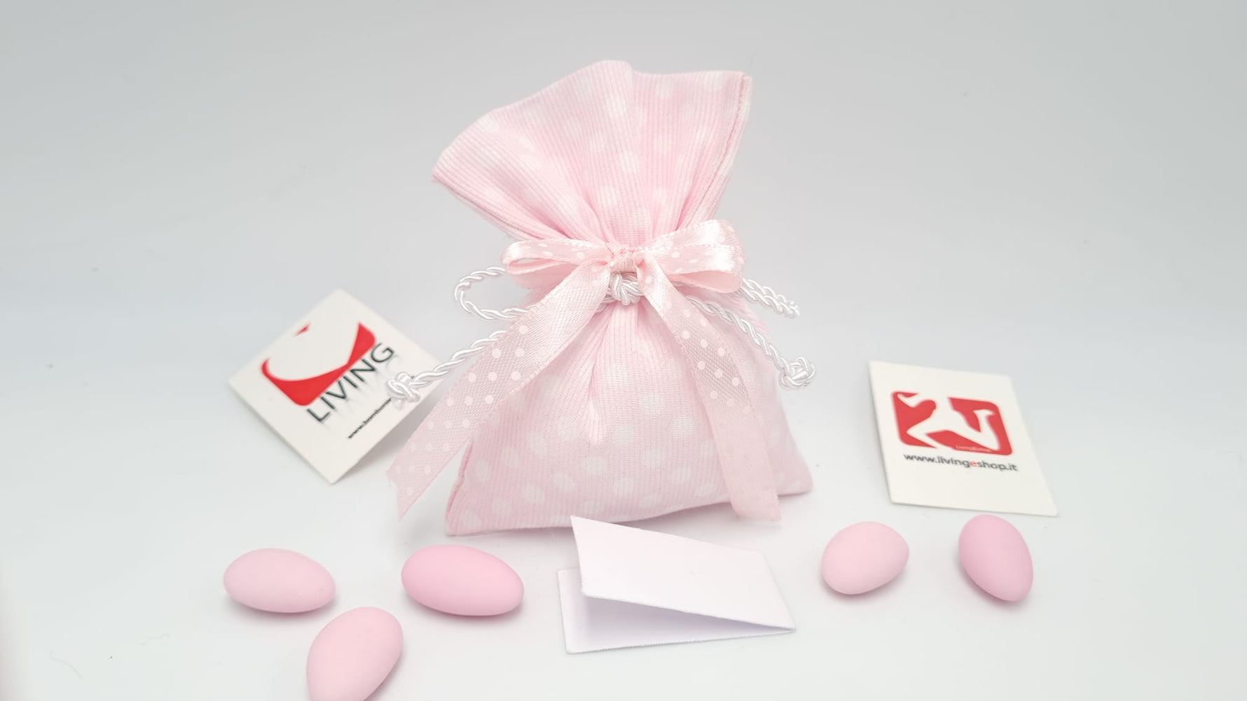 Sacchetto nascita e battesimo  pois bianco e rosa