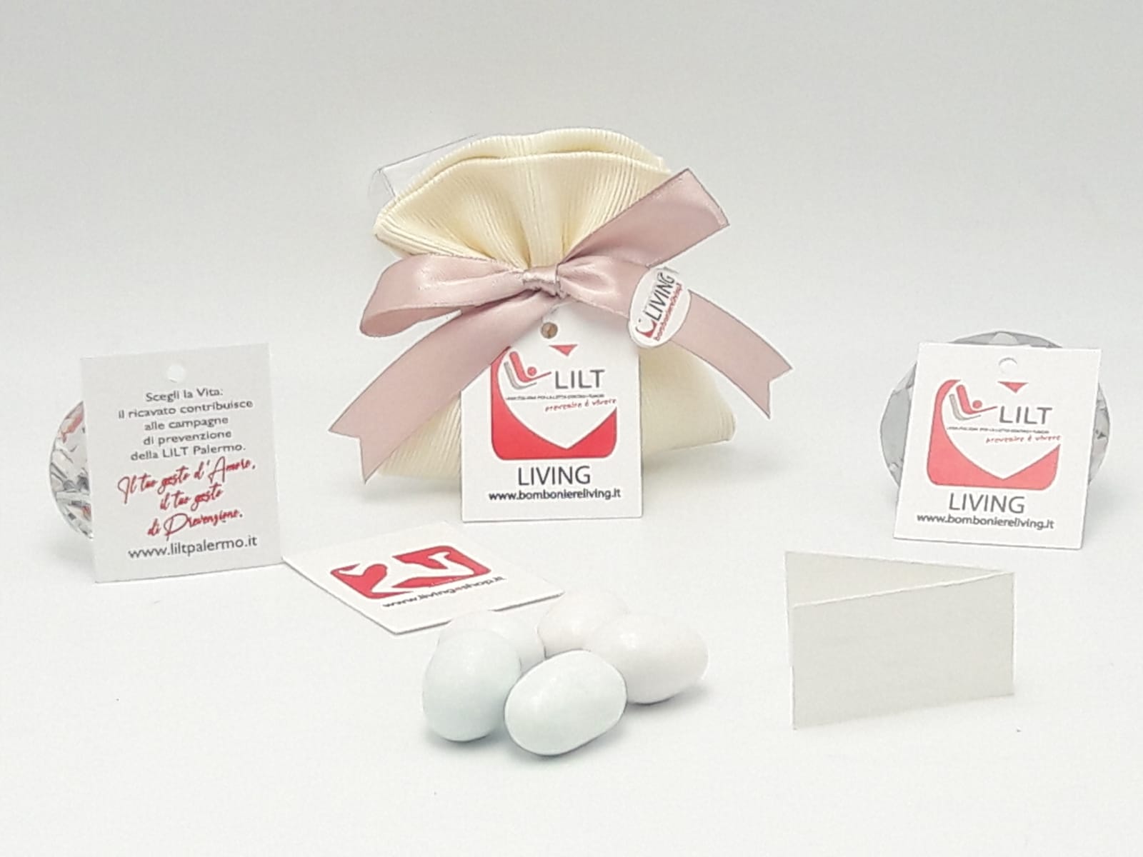 Bomboniera Solidale LILT-LIVING sacchetto porta confetti cannete panna
