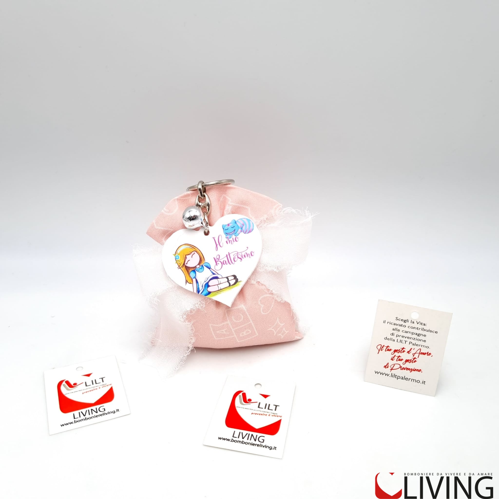 bomboniera linea solidale lilt living sacchetto con portachiavi bimba battesimo