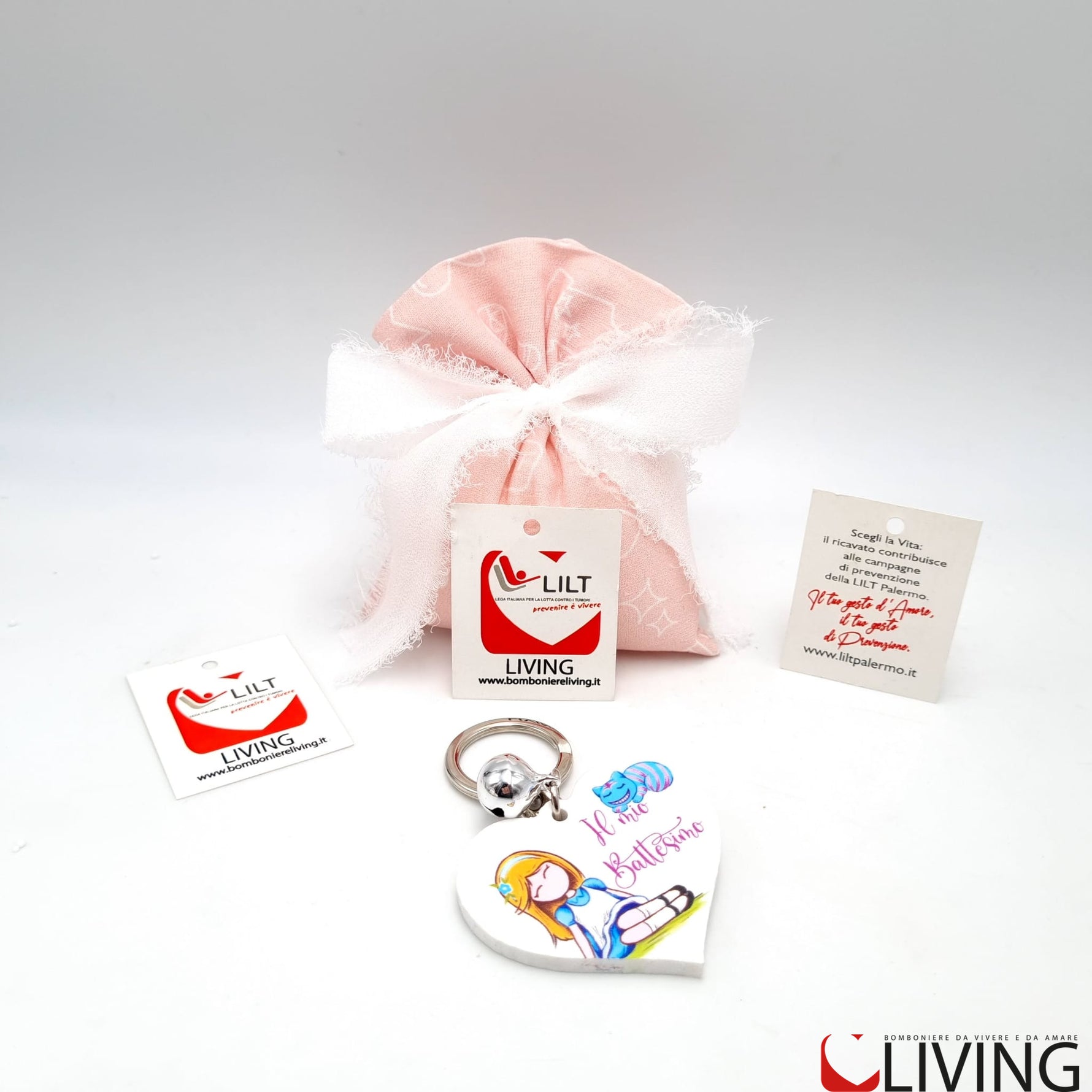 bomboniera linea solidale lilt living sacchetto con portachiavi bimba battesimo