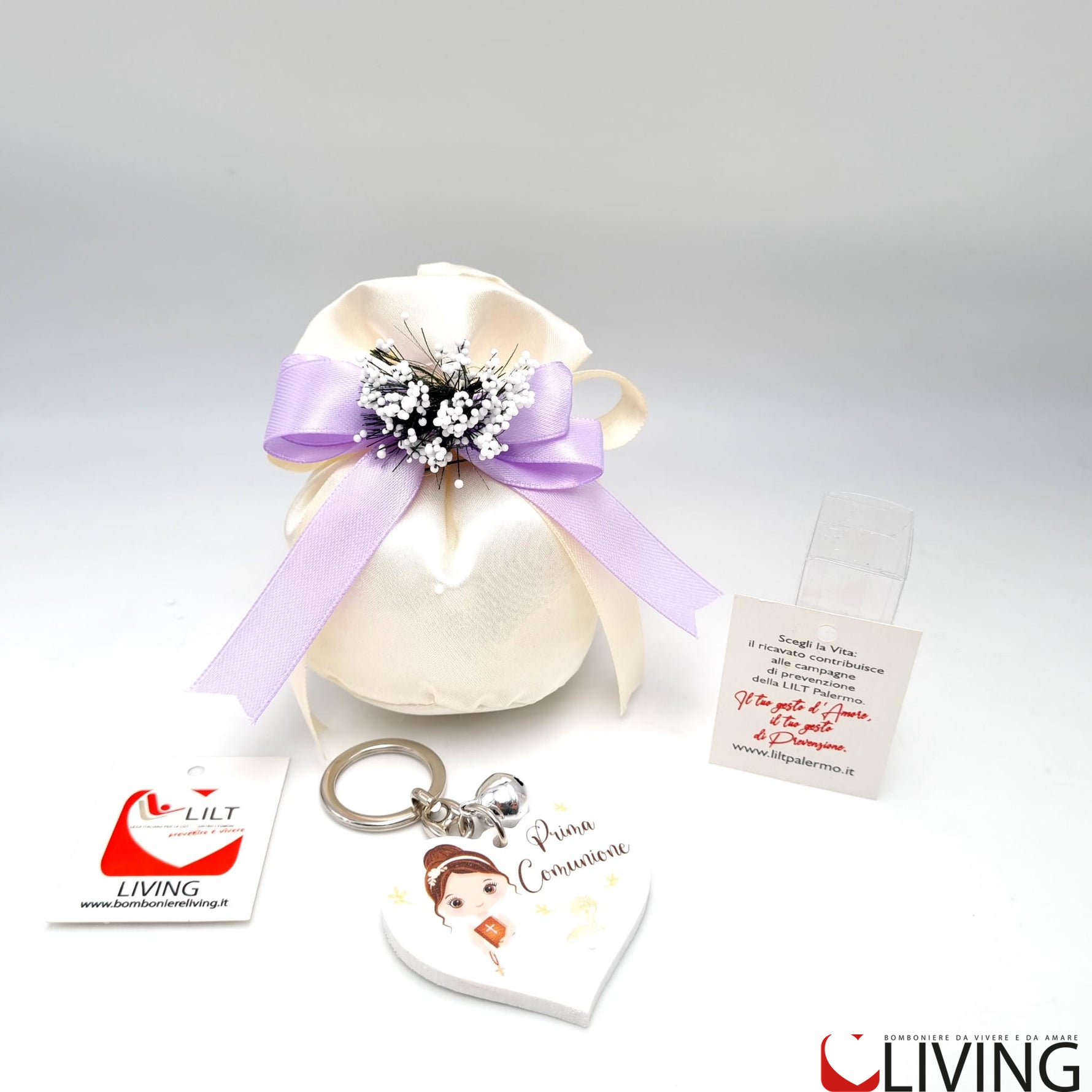 bomboniera linea solidale lilt living sacchetto con portachiavi bimba comunione