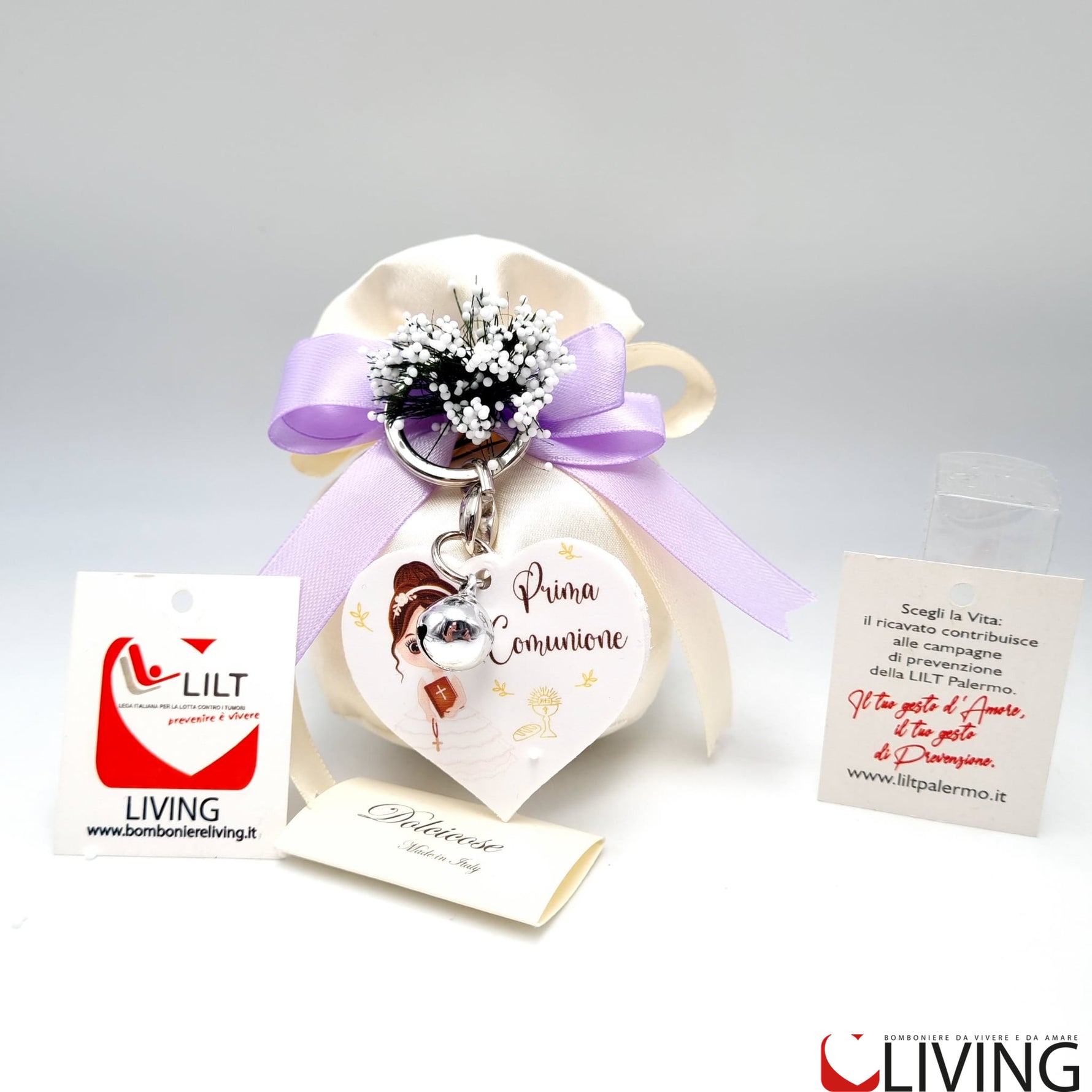 bomboniera linea solidale lilt living sacchetto con portachiavi bimba comunione