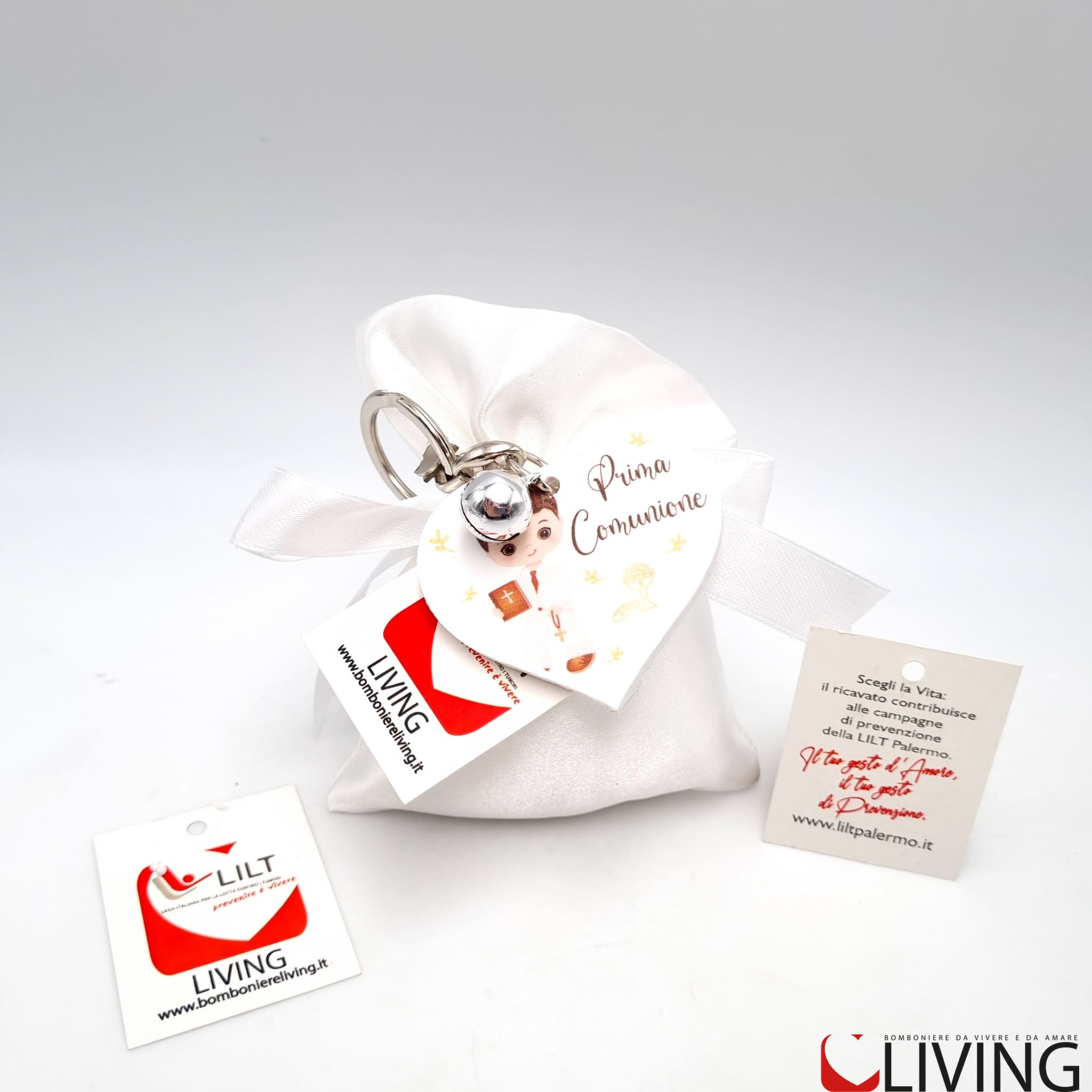 bomboniera linea solidale lilt living sacchetto con portachiavi bimbo comunione