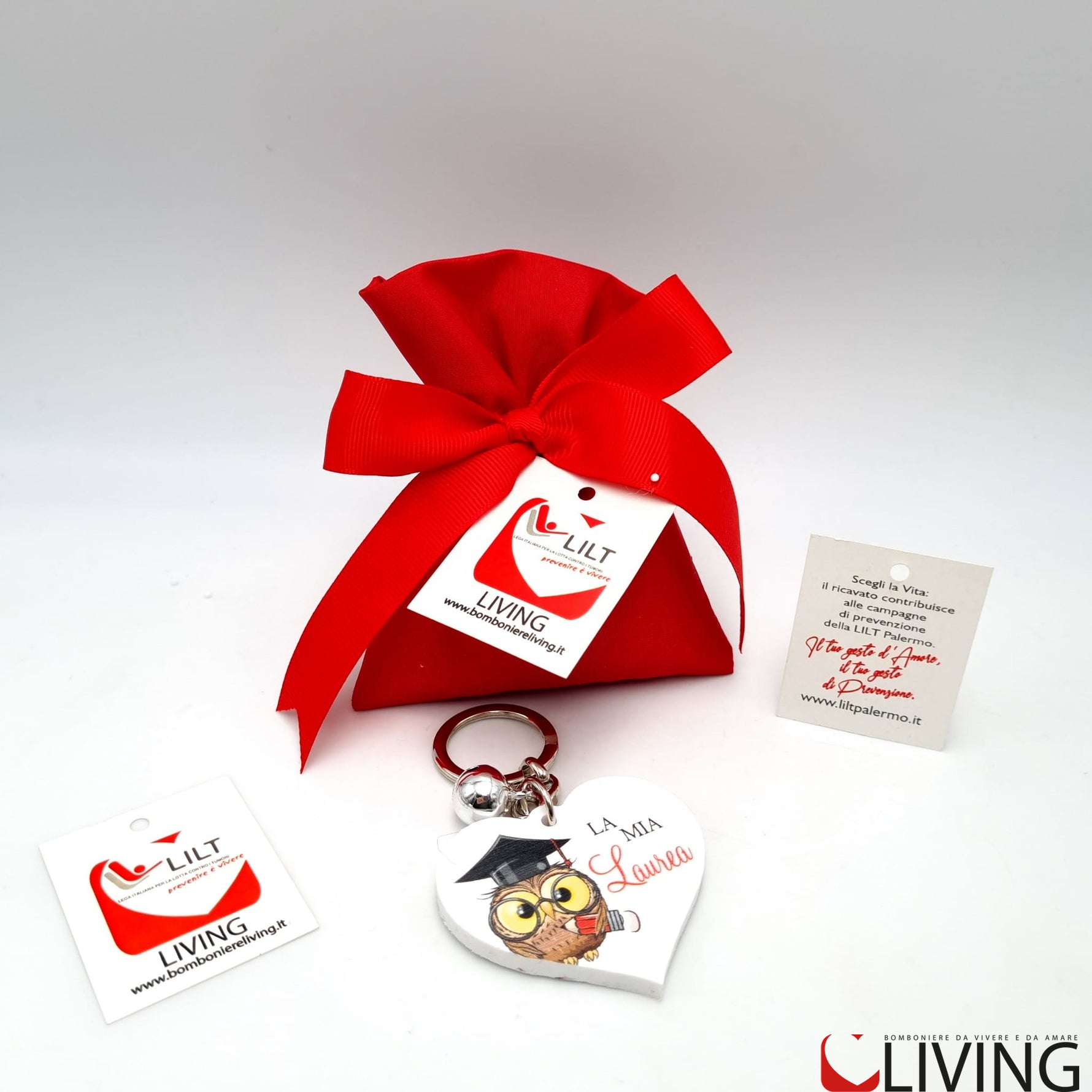 bomboniera linea solidale lilt living sacchetto con portachiavi gufetto laurea