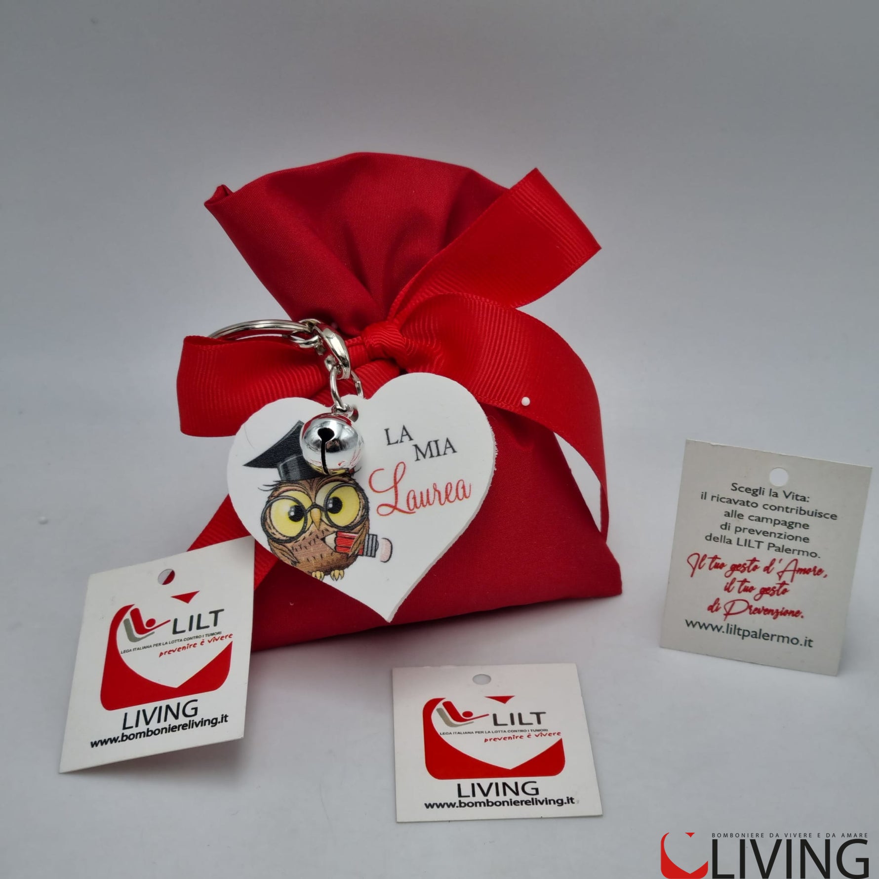 bomboniera linea solidale lilt living sacchetto con portachiavi gufetto laurea