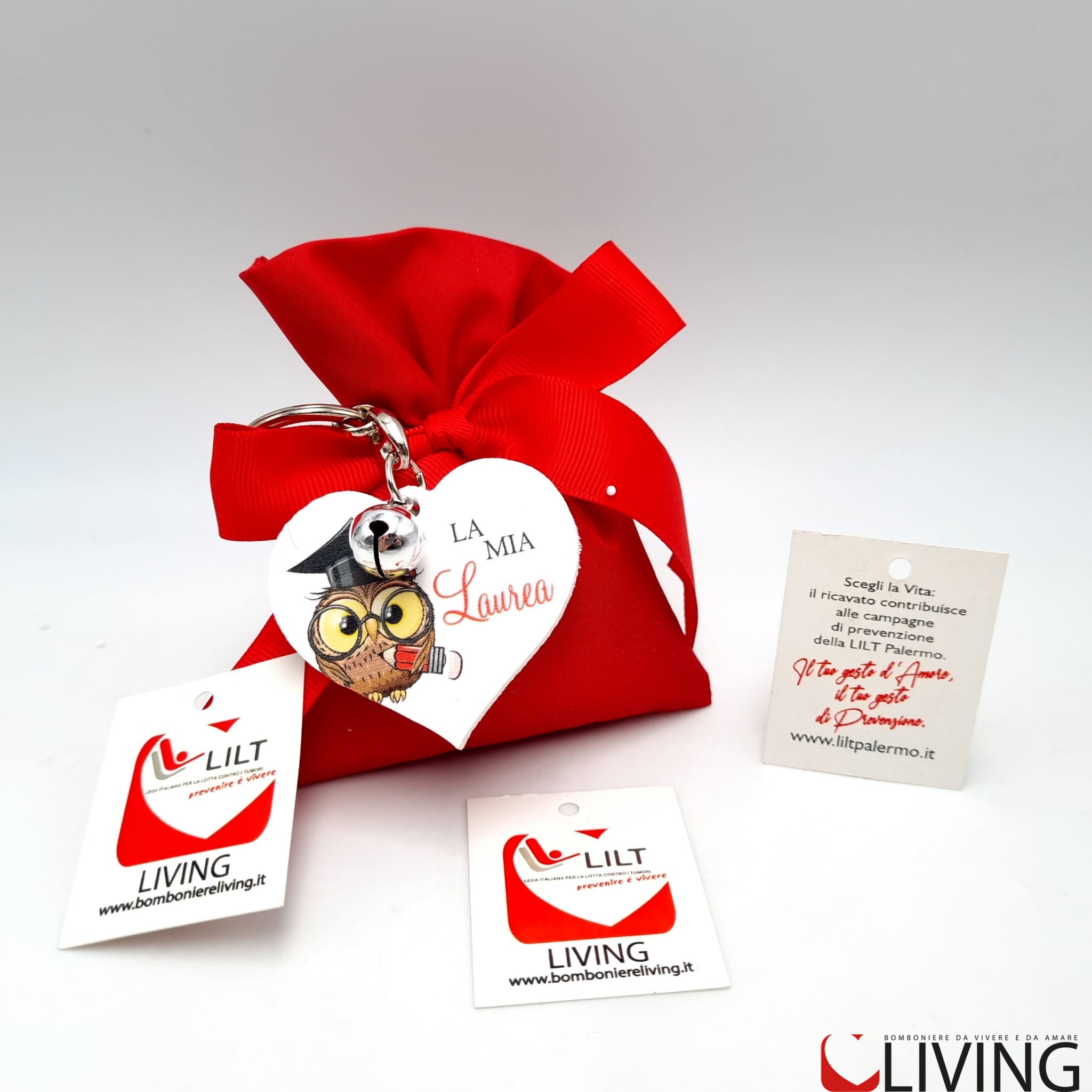 bomboniera linea solidale lilt living sacchetto con portachiavi gufetto laurea