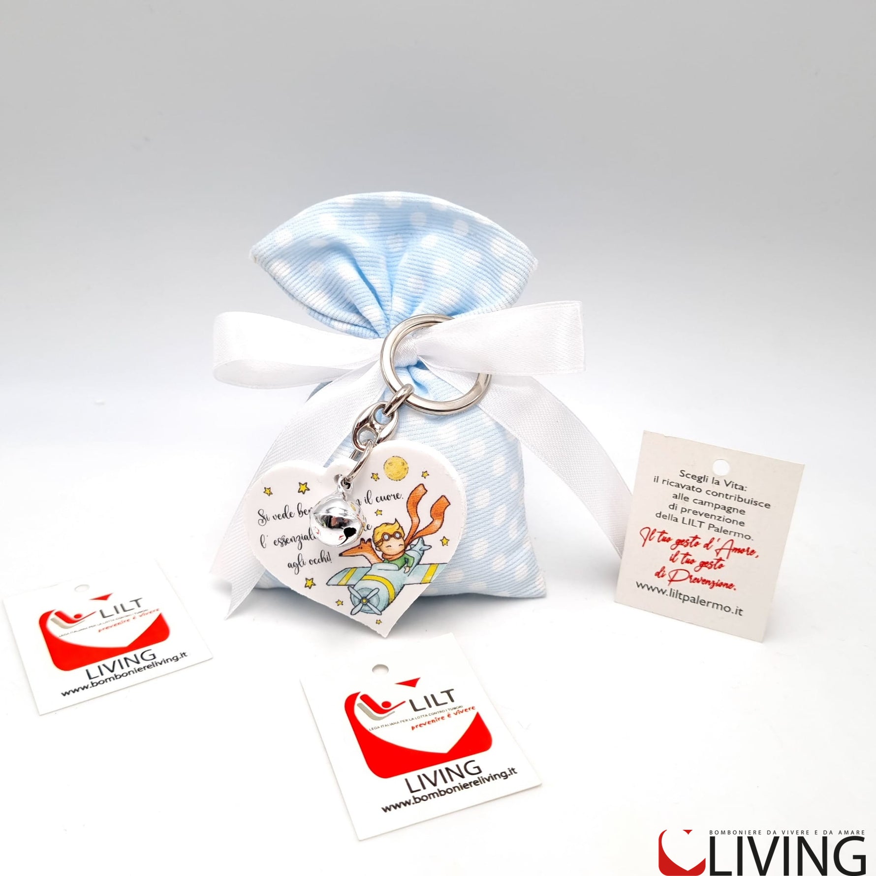 bomboniera linea solidale lilt living sacchetto con portachiavi piccolo principe