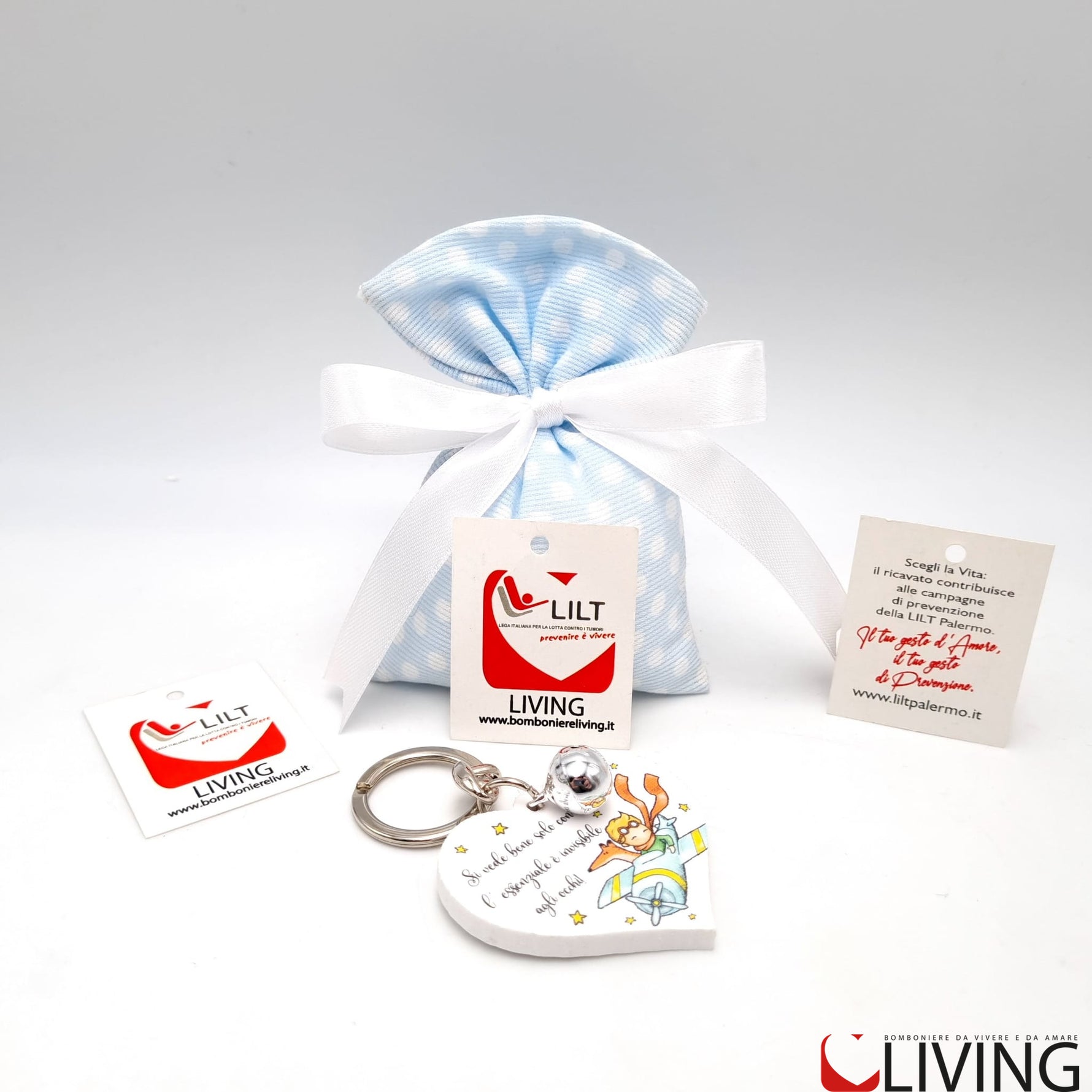 bomboniera linea solidale lilt living sacchetto con portachiavi piccolo principe
