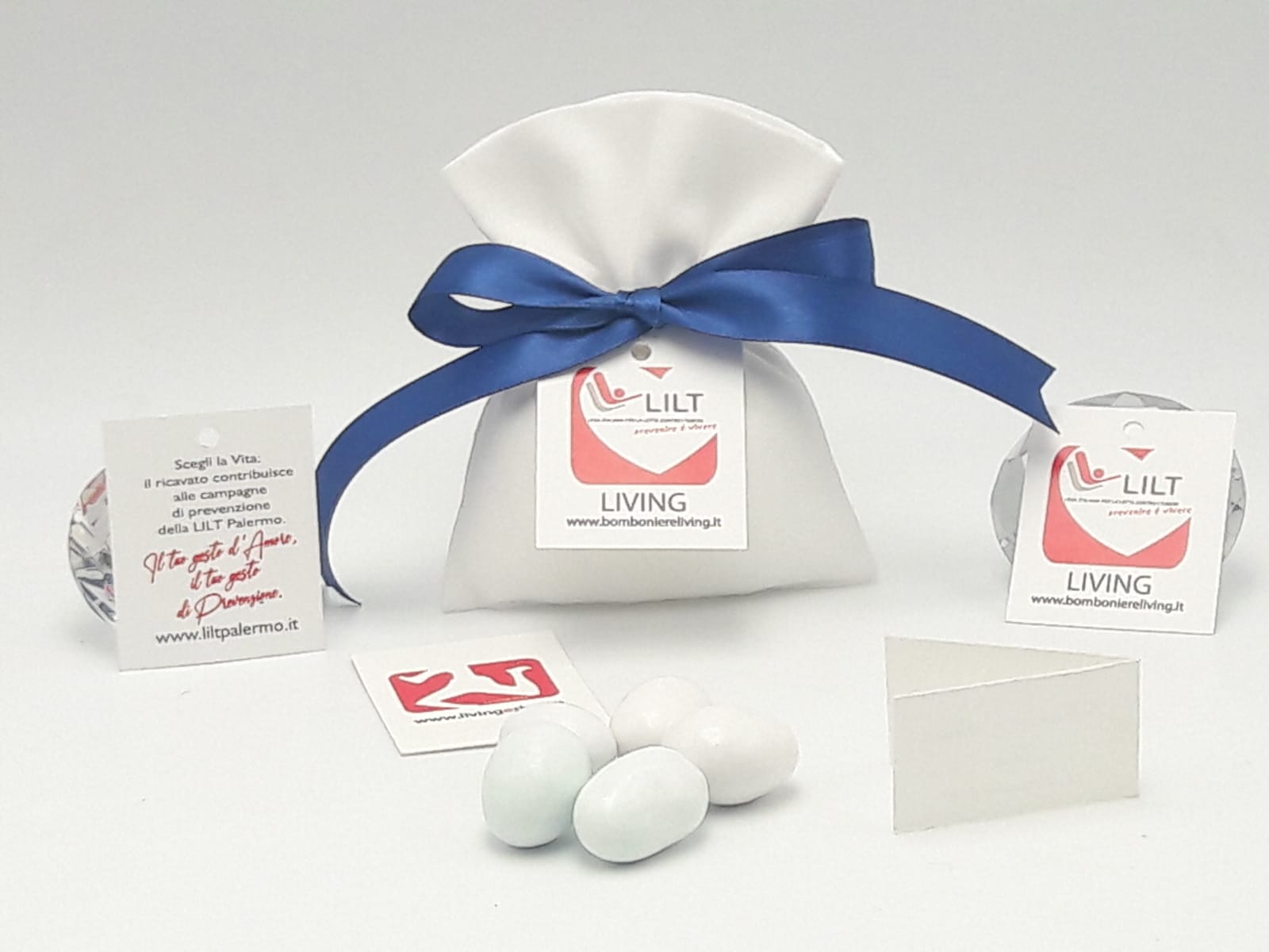 Bomboniera Solidale LILT-LIVING sacchetto porta confetti lino bianco