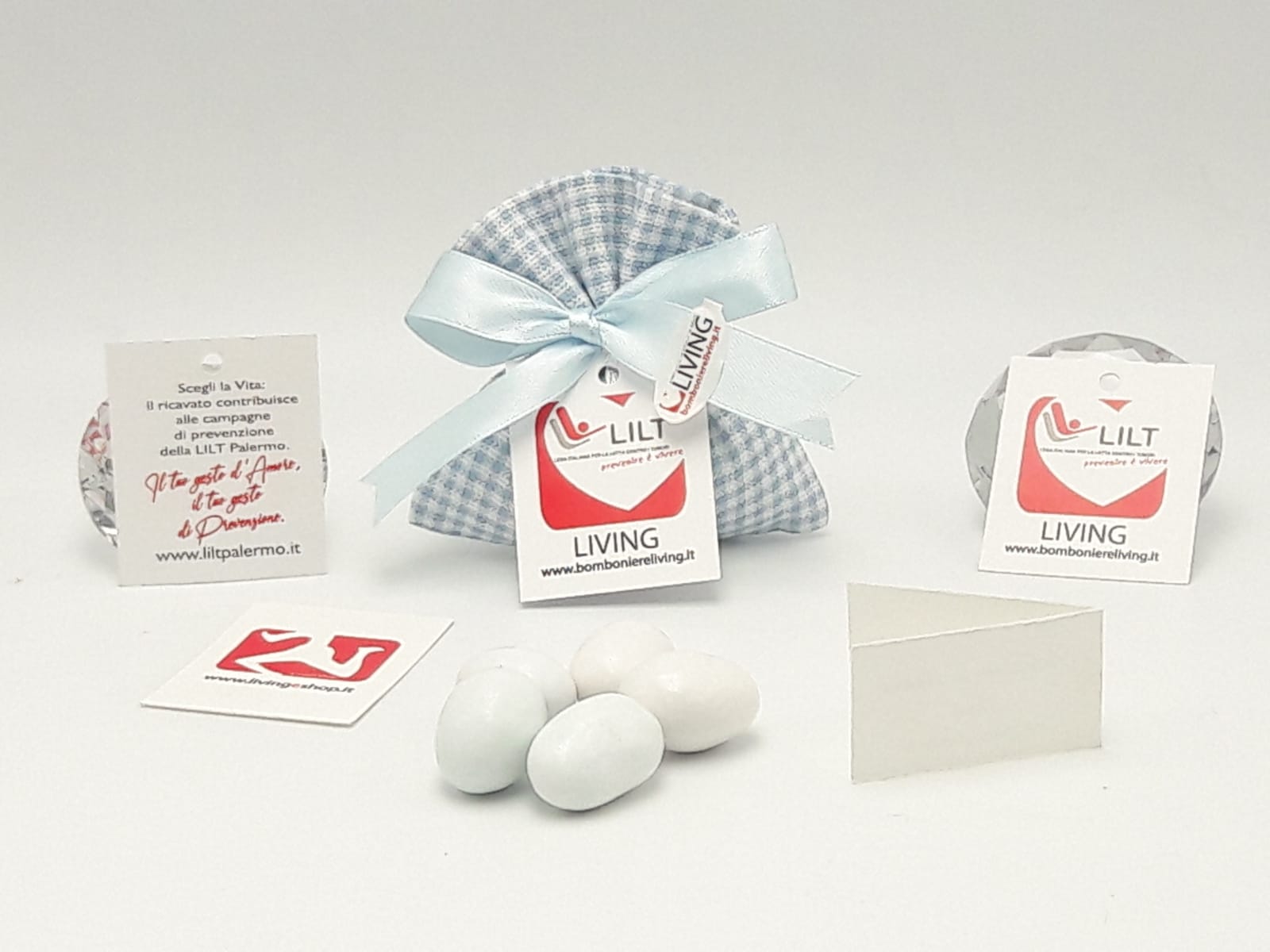 Bomboniera Solidale LILT-LIVING sacchetto porta confetti quadrucci celeste